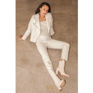 Lulus NWT Out for the Night Vegan Faux Leather Moto Jacket Chambray Beige Medium